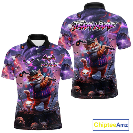Personalized Mens Golf Polo Shirts Angry Cat Golfer Gothic Lightning Theme Team Name Shirt NHT803
