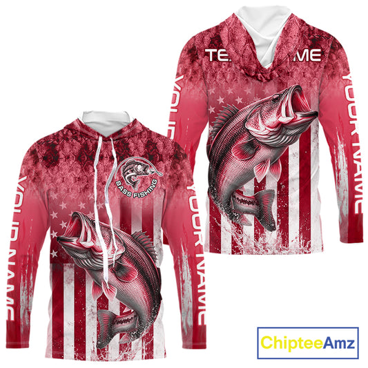 Custom Bass Fishing Shirt 3D Personalized Team Name Long Sleeve Hooded UV Protection Fishing Jersey|Red