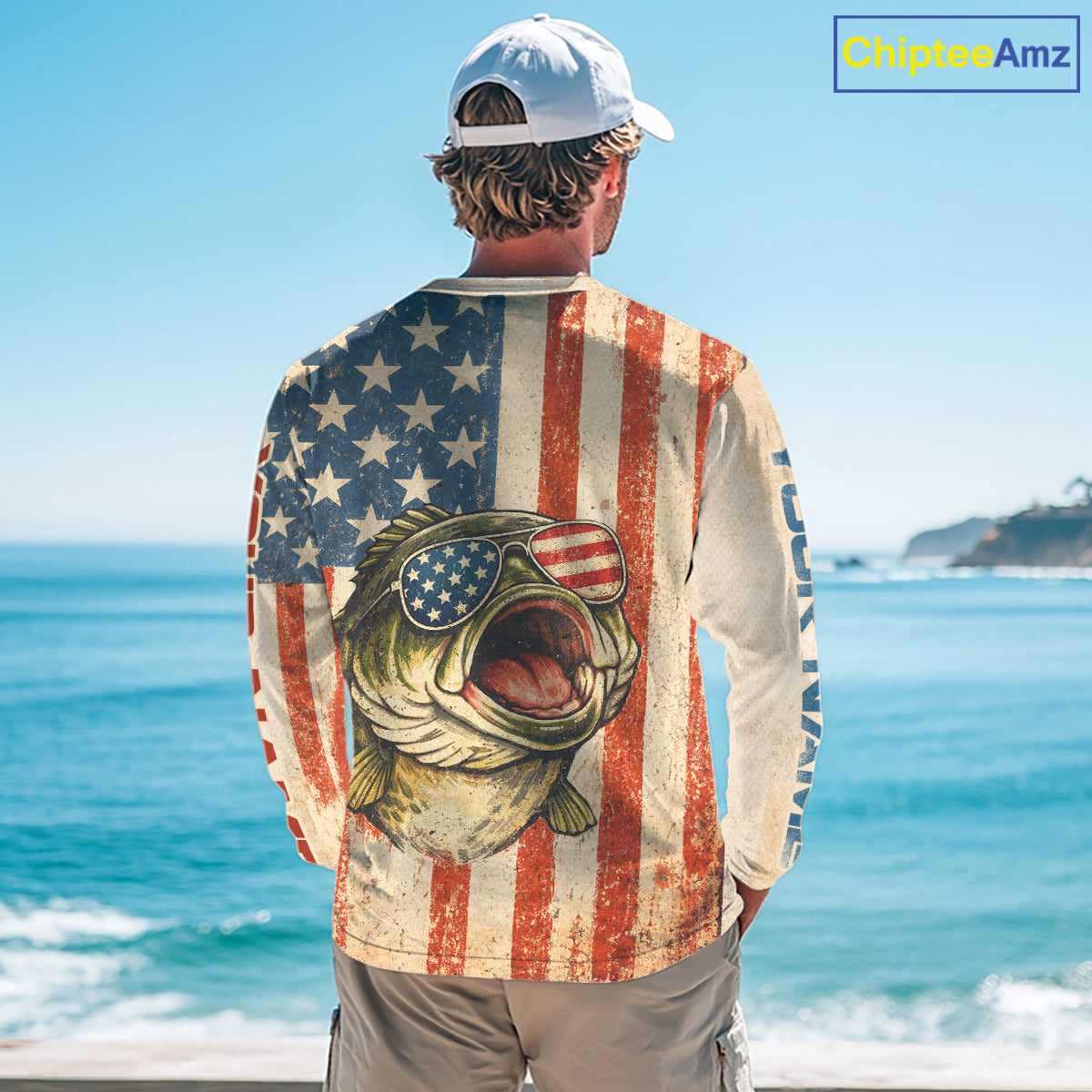 Custom Vintage Bass Funny Long Sleeve Fishing Shirt For Men, Bass Patriotic Fishing Shirt NHT601