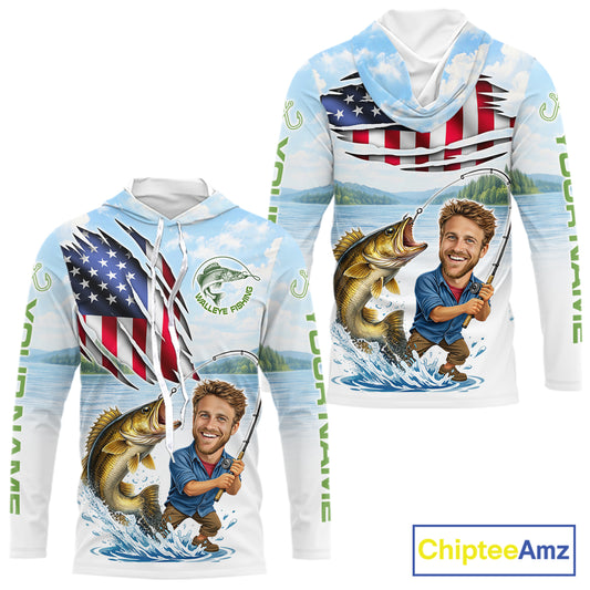Personalized Walleye Fishing Shirts Hooded Long Sleeve Custom Face Walleye Fishing Patriot Shirt NHT605