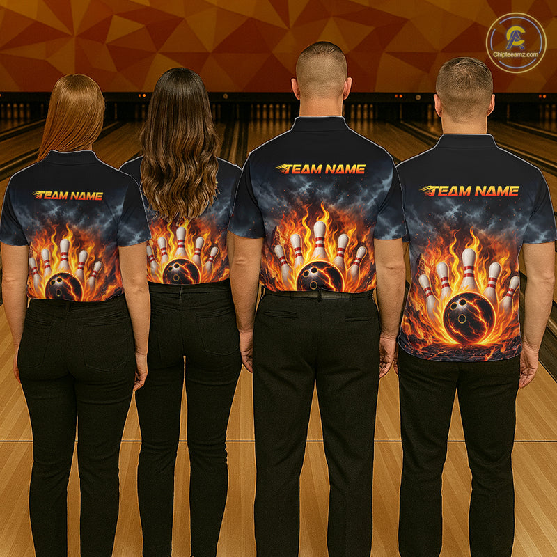 Fire Bowling Polo Shirt 1/4 Zip Personalized Custom Name Flaming Bowling Ball Team Jersey For Men NHT1284