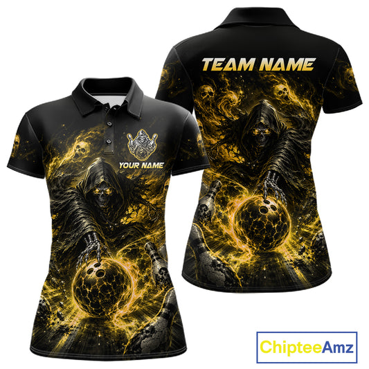 Custom Yellow Fire Grim Reaper Bowling Jersey for Women | Team Polo & 1/4 Zip