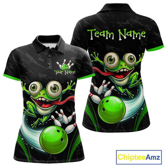 A custom bowling-themed polo shirt shown from both the front and back views. The shirt features a black background with a vibrant green and white cartoon frog holding bowling balls, with customizable text placeholders 'Your Name' on the front chest and 'Team Name' on the back neck.