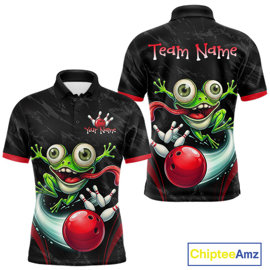 Front and back views of a black short-sleeve polo shirt with a colorful bowling-themed graphic featuring a green frog, red bowling ball, and customizable text areas on the chest and back.
