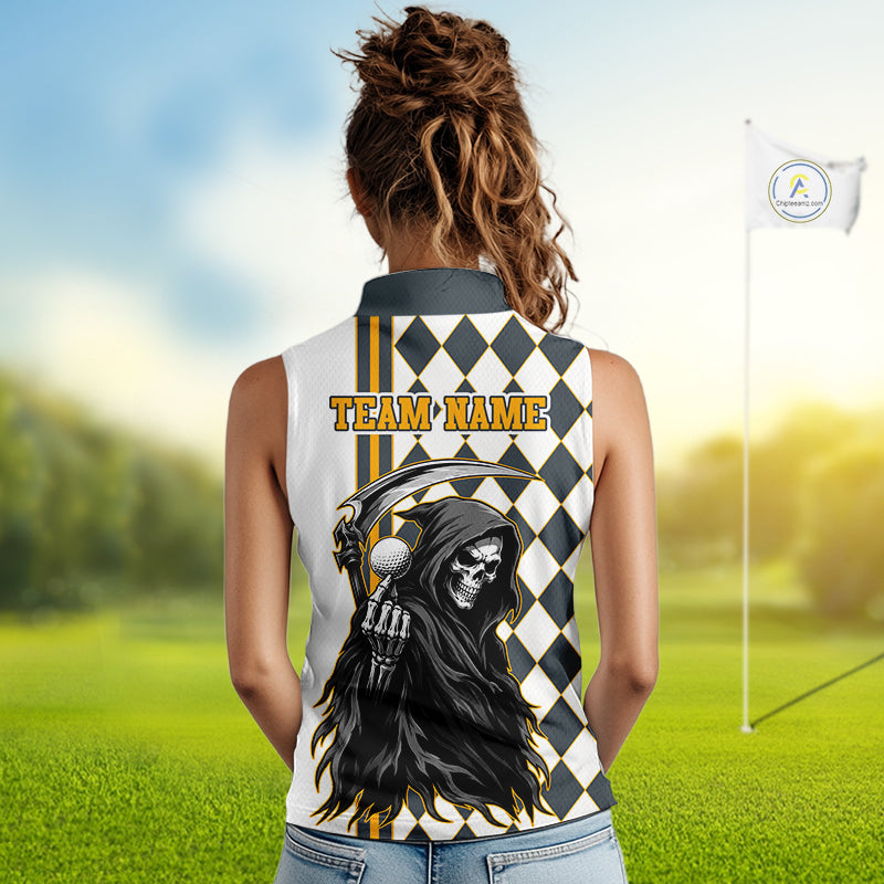 Person wearing a sleeveless shirt with a grim reaper design and 'Team Name' text on a golf course.