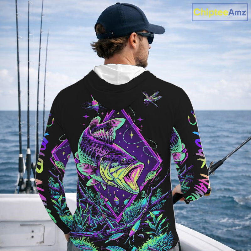 Neon Bass Fishing Shirts Long Sleeve Hooded – Largemouth Bass Galaxy Glow Graphic Gift For Men Dad NHT853