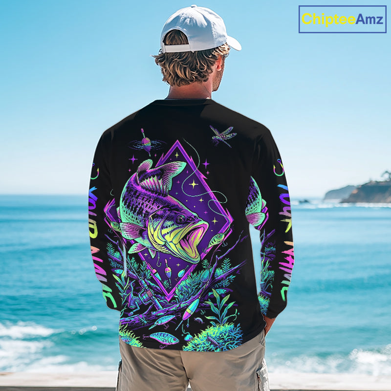 Neon Bass Fishing Shirts Long Sleeve – Largemouth Bass Galaxy Glow Graphic Gift For Men Dad NHT853