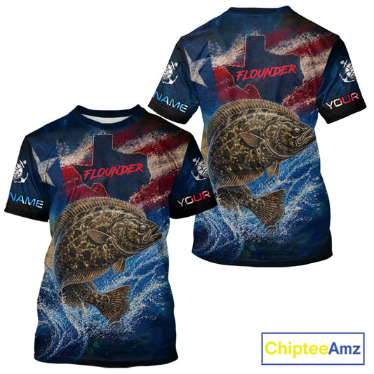 Texas Flag Flounder Short Sleeve Fishing T-Shirts Fishing Jersey, Flounder Saltwater Performance UV Shirt For Men