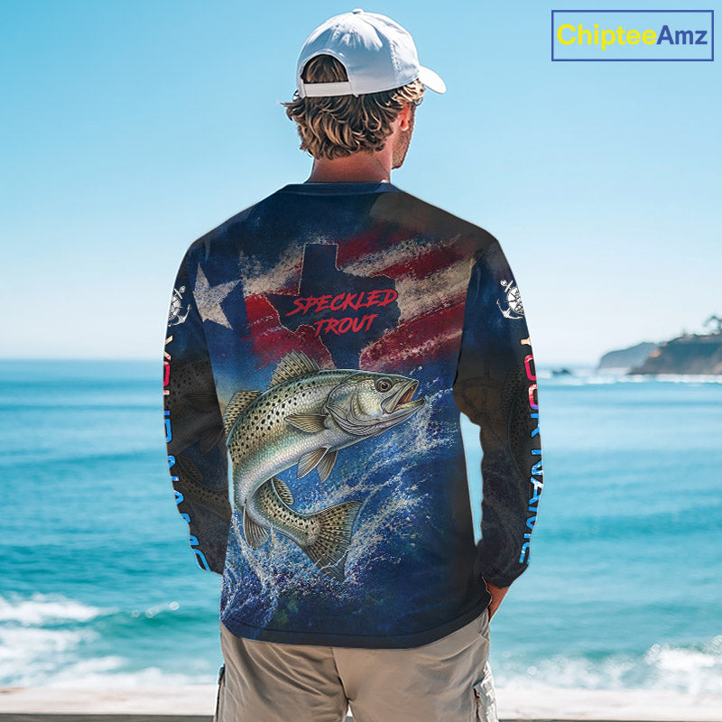 Texas Flag Speckled Trout Long Sleeve Fishing Jersey, Trout Saltwater Performance UV Shirt For Men