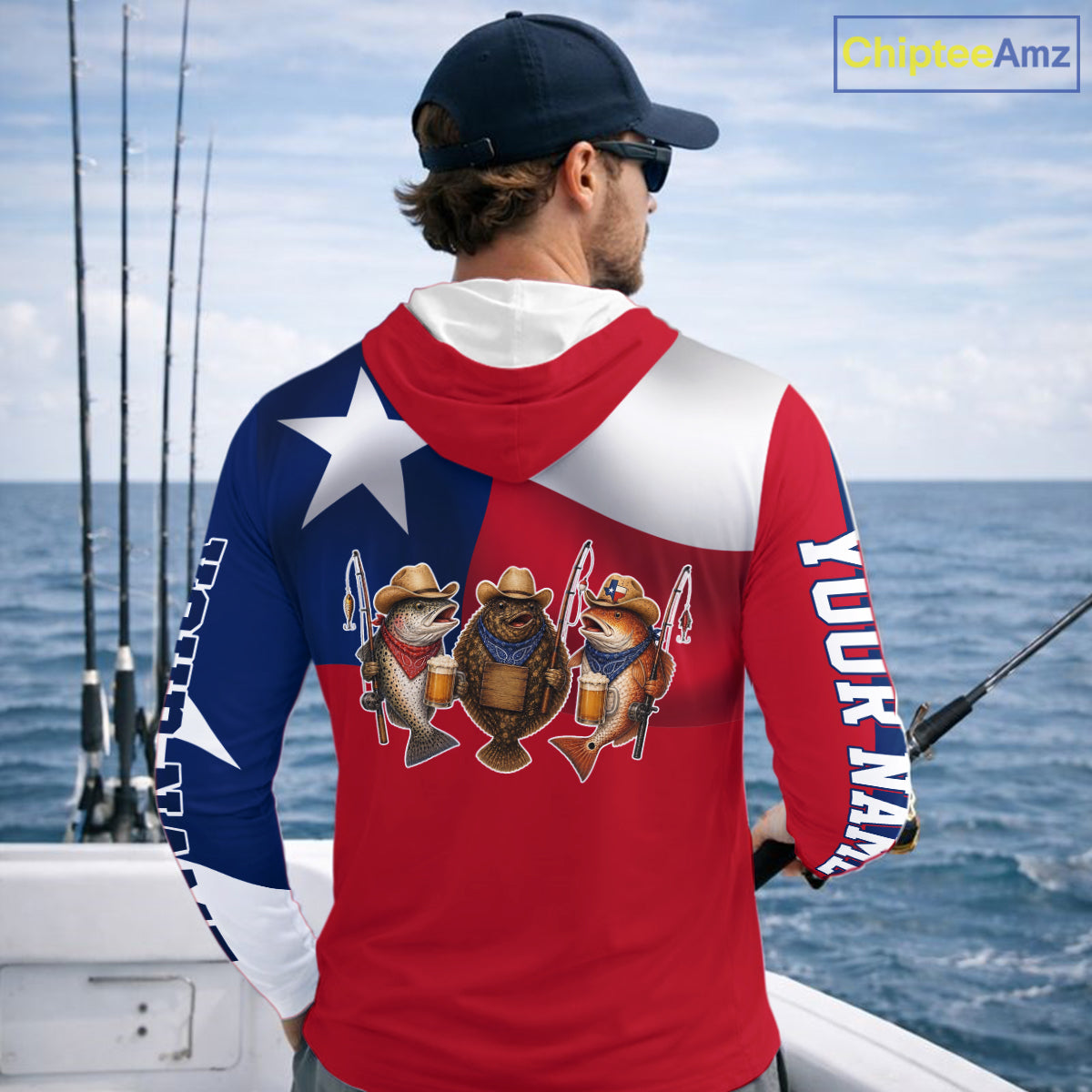 Funny Cowboy Trout, Flounder, Redfish Texas Flag Long Sleeve Hooded Fishing Shirts Apparel