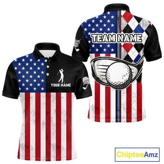 Personalized Mens Golf Polo Shirt American Flag Patriotic Golf Shirts Golf Gifts For Men NHT746