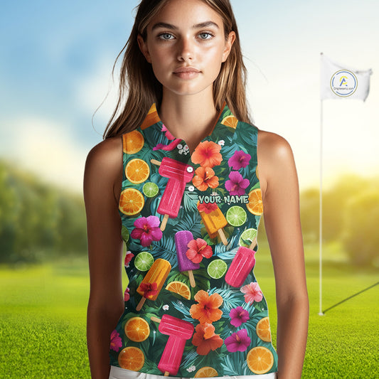 Golf Womens Sleeveless Polo Shirt Tropical Popsicle Paradise Pattern Tropical Leaves Custom Name, Golf Shirt NHT539