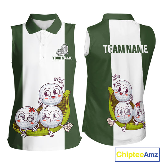 Custom Green White Sleeveless Womens Golf Team Polo Shirt, Funny Golf Ball Family Design, Matching Team Outfit NHT789