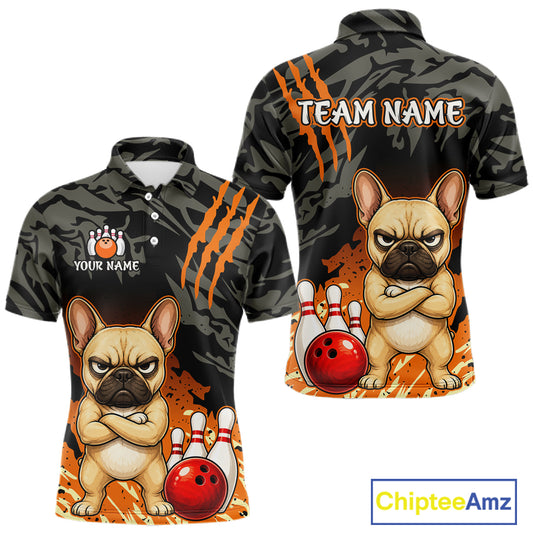 Front and back views of a short-sleeve collared shirt with a dark gray camouflage pattern, orange claw-stripe graphics, and a cartoon French bulldog bowling theme. The front shows a paw print logo with 'YOUR NAME' and 'TEAM NAME' on the back.
