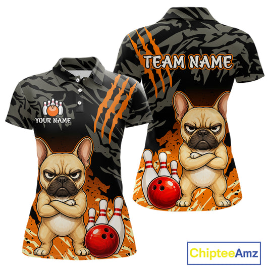 Custom short-sleeve polo shirt shown from front and back, featuring a cartoon French bulldog with crossed arms and bowling balls on a black-and-orange graphic background. The shirt includes placeholder text 'YOUR NAME' and 'TEAM NAME', with a ChipteeAmz logo in the bottom right corner.
