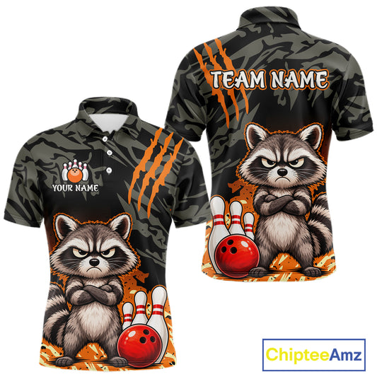 Front and back views of a short-sleeve camouflage bowling-themed polo shirt featuring a cartoon raccoon, bowling pins, bowling ball, orange claw marks, and customizable text areas including 'TEAM NAME' and 'YOUR NAME'.