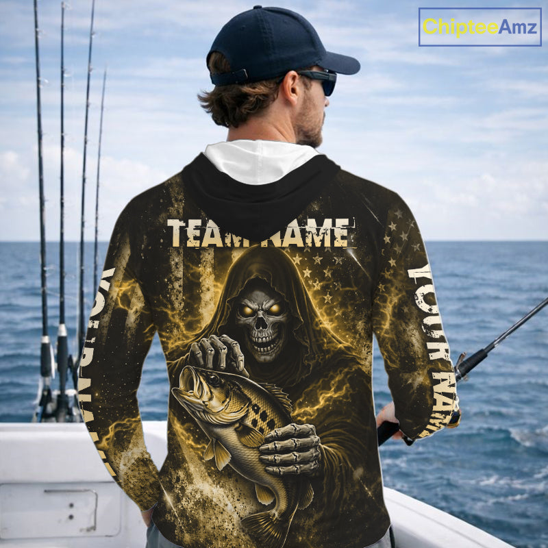 Hooded Custom Team Name Grim Reaper Bass Fishing With American Flag - Patriotic Bass Fishing Jersey|Blue NHT631