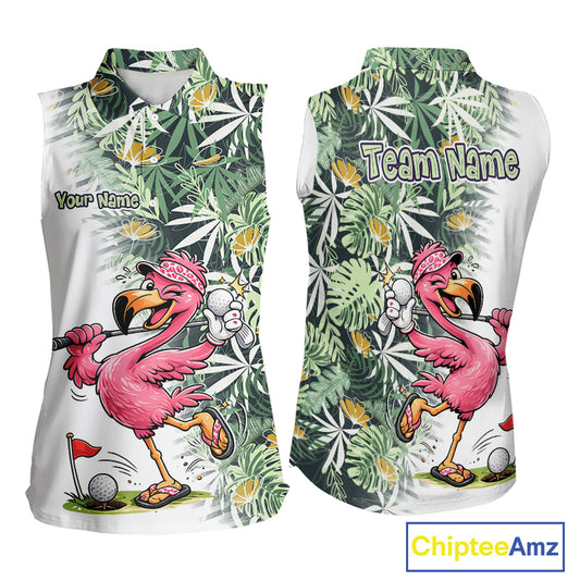 Funny Pink Flamingo Green Tropical Pattern Sleeveless Womens Golf Polo Shirt Custom Golf Shirts For Womens NHT648