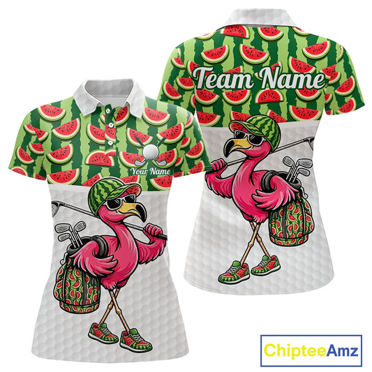 Golfing Flamingo Womens Funny Golf Polo Shirt Custom Green Pattern Watermelon Golf Ball Clothes Shirts NHT740