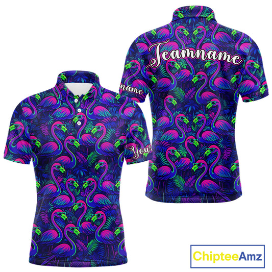 Mens Golf Polo Shirt Neon Flamingos Tropical Pattern Custom Name, Golfing Gifts NHT557