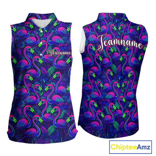 Womens Sleeveless Golf Polo Shirt Neon Flamingos Tropical Pattern Custom Name, Golfing Gifts NHT557