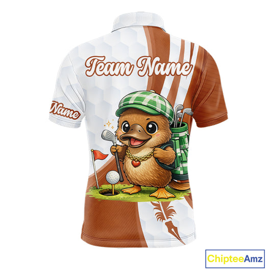 Funny Mens Golf Polo Shirt Custom Brown And White Platypus Pattern White Golf Shirts NHT576