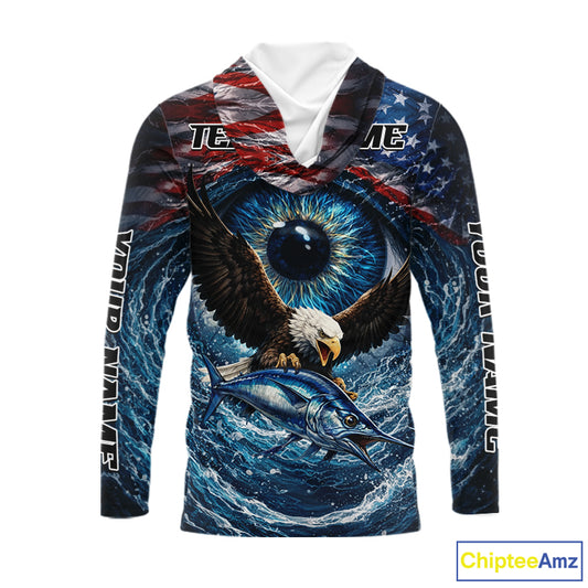 USA Eagle Marlin Fishing Shirt Long Sleeve Hooded – Custom Name Patriotic Ocean Eye Design NHT429