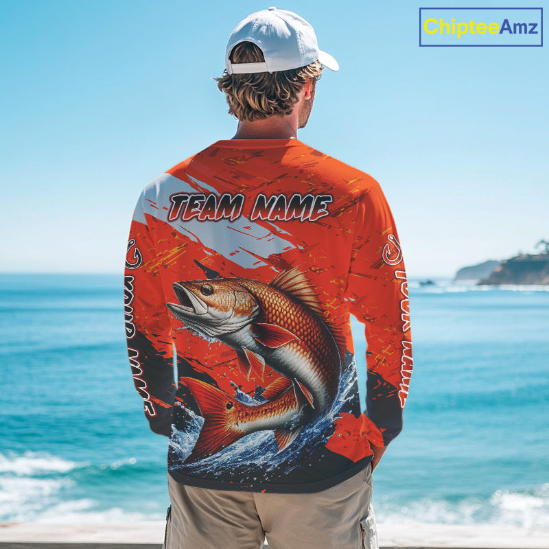 Custom Redfish Fishing Tournament Jerseys, Red Drum Orange Fishing Shirts Long Sleeve NHT572