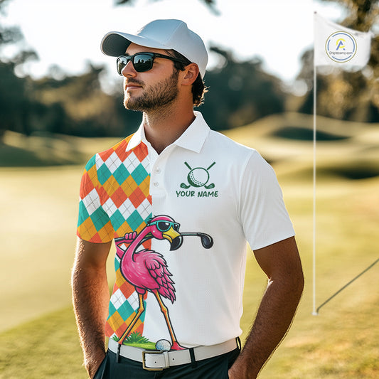 Funny Flamingo Mens Golf Polo Shirts Colorful Argyle Pattern Custom Name, Golf Gifts NBT562