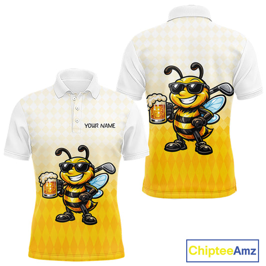 Funny Bee Golf Polo Shirt For Men, Cute Bee With Beer Print Shirt, Sporty Animal Golf Gift|Yellow NBT663