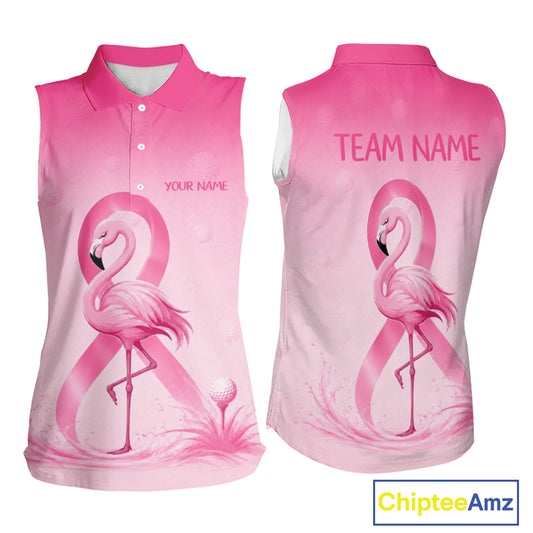 Back view of breast cancer awareness sleeveless golf shirt with flamingo print and charity message