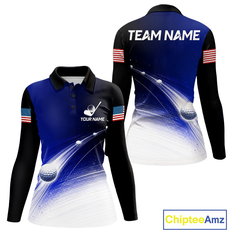 Blue Golf Ball Pattern American Flag Womens Golf Polo Shirts, Tournament Golf Shirts Golf Gifts NBT870