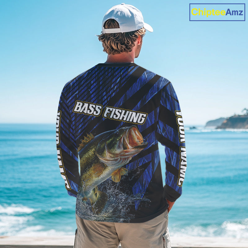 Personalized Reed Camo Bass Fishing Long Sleeve Shirts, Custom Bass Tournament Jerseys|Blue NBT348