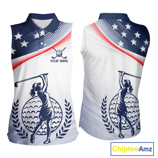American Flag White Women Sleeveless Golf Polo Shirts Custom Patriotic Womens Golf Top, Golf Gifts NBT547