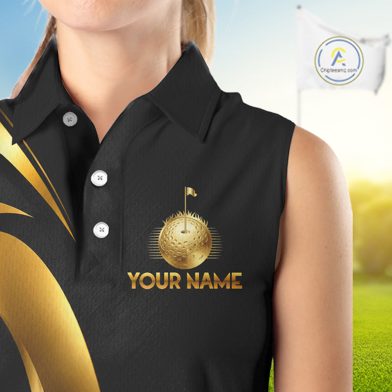 Close-up of golf clubs graphic on Black and Gold womens sleeveless golf polo