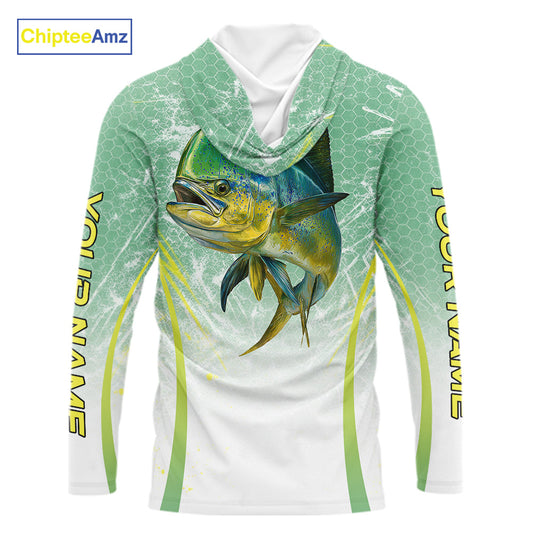 Mahi Mahi Fishing Shirt Long Sleeve Hooded Green Camo, Saltwater Fishing Shirts For Men NBT405