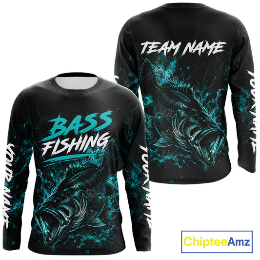Front and back view of personalized bass fishing neon camo long sleeve fishing shirt with personalized name