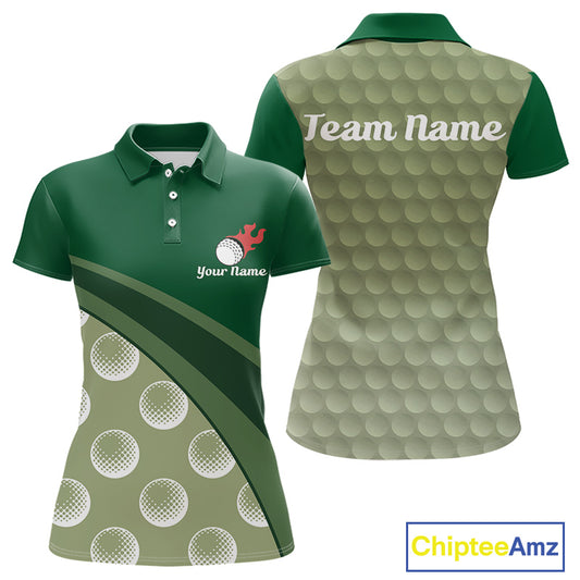 back view of custom name womens golf polo shirt funny green golf balls golf apparel