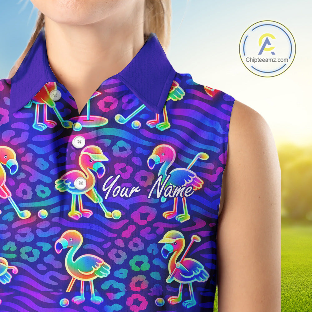 Colorful Neon Rainbow Leopard Flamingo Pattern Womens Sleeveless Polo Shirts, Custom Flamingo Golf Shirts NBT507