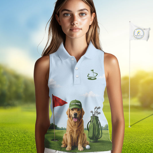 Woman wearing a sleeveless golf shirt with a dog and golf club design on a golf course background