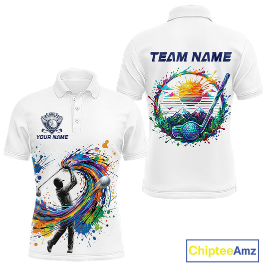 Mens Golf Polo Shirt Watercolor Golfer Golf Pattern Custom Name White Golf Shirt, Golf Gifts NBT685