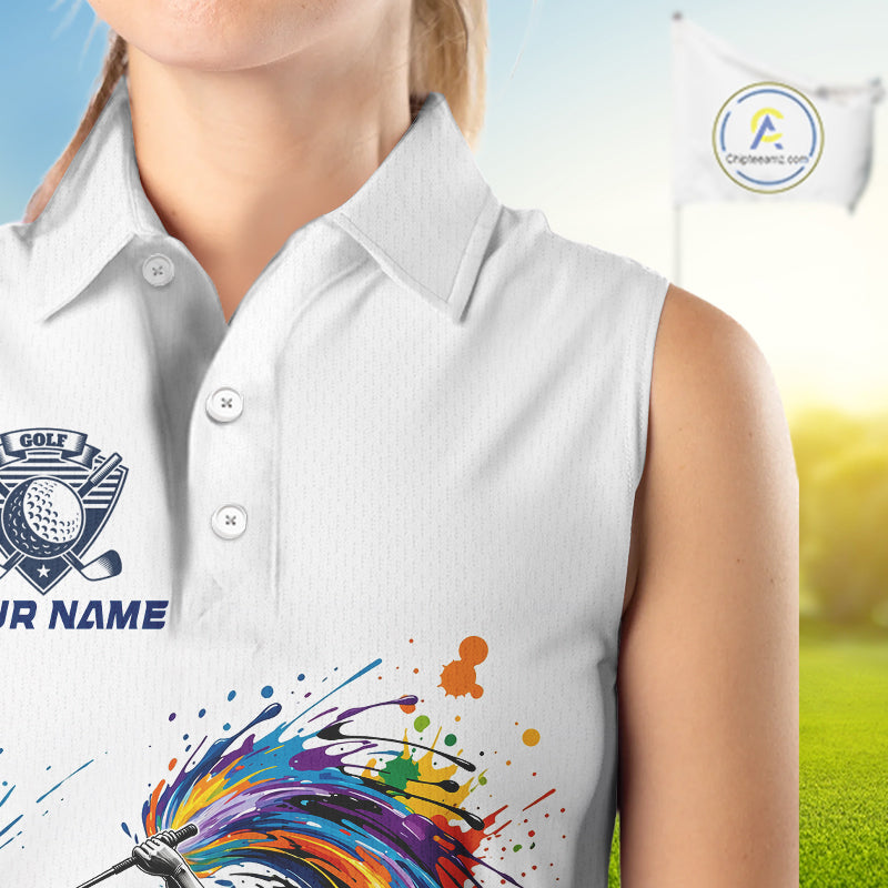 Womens Golf Polo Shirt Watercolor Golfer Golf Pattern Custom Name White Golf Shirt, Golf Gifts NBT685