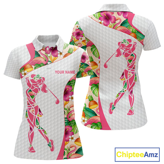 Colorful Tropical Pattern Womens Golf Polo Shirt Custom Name White Golf Shirt, Golf Gifts NBT499