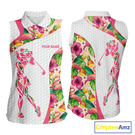 Colorful Tropical Pattern Womens Sleeveless Golf Polo Shirt Custom Name White Golf Shirt, Golf Gifts NBT499