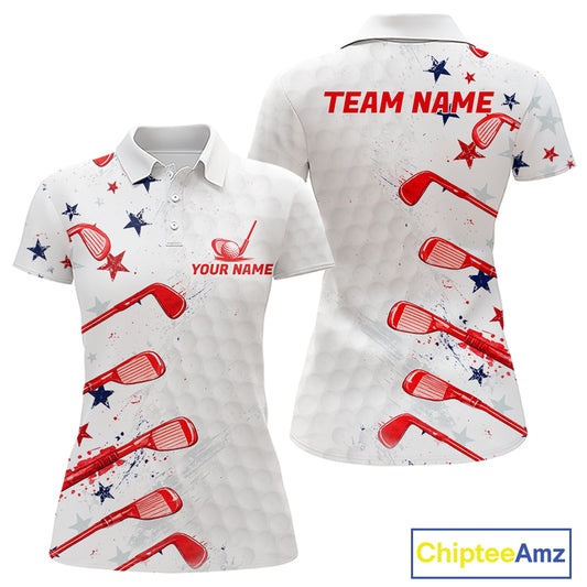 White polo shirt with red and blue designs and 'Your Name' 'Team Name' text
