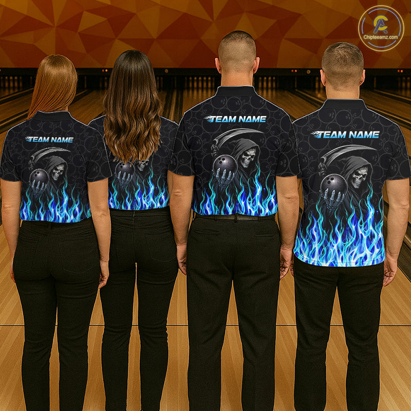 Custom Blue Fire Flame Grim Reaper Skull Bowling Menpolo & 1/4 Quarter Zip Shirt, Halloween Outfit NBT901