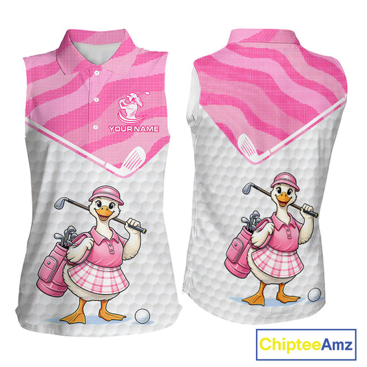 Pink Zebra Pattern Funny Duck Womens Sleeveless Golf Polo Shirts, Cute Duck Golfer, Sporty Animal Golf Gift NBT658