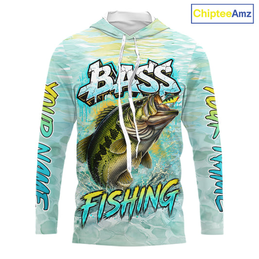 Personalized Bass Long Sleeve Hooded Fishing Shirts, Largemouth Bass Fishing Jerseys For Men NBT669