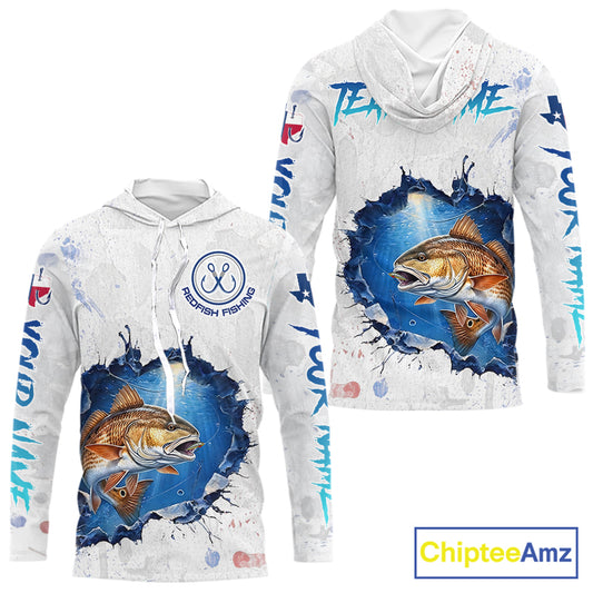 Custom Redfish Fishing Long Sleeve Hooded Tournament Shirts, Redfish Saltwater Fishing Apparel | White NBT684
