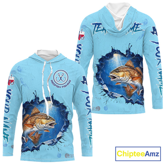 Custom Redfish Fishing Long Sleeve Hooded Tournament Shirts, Redfish Saltwater Fishing Apparel | Blue NBT686